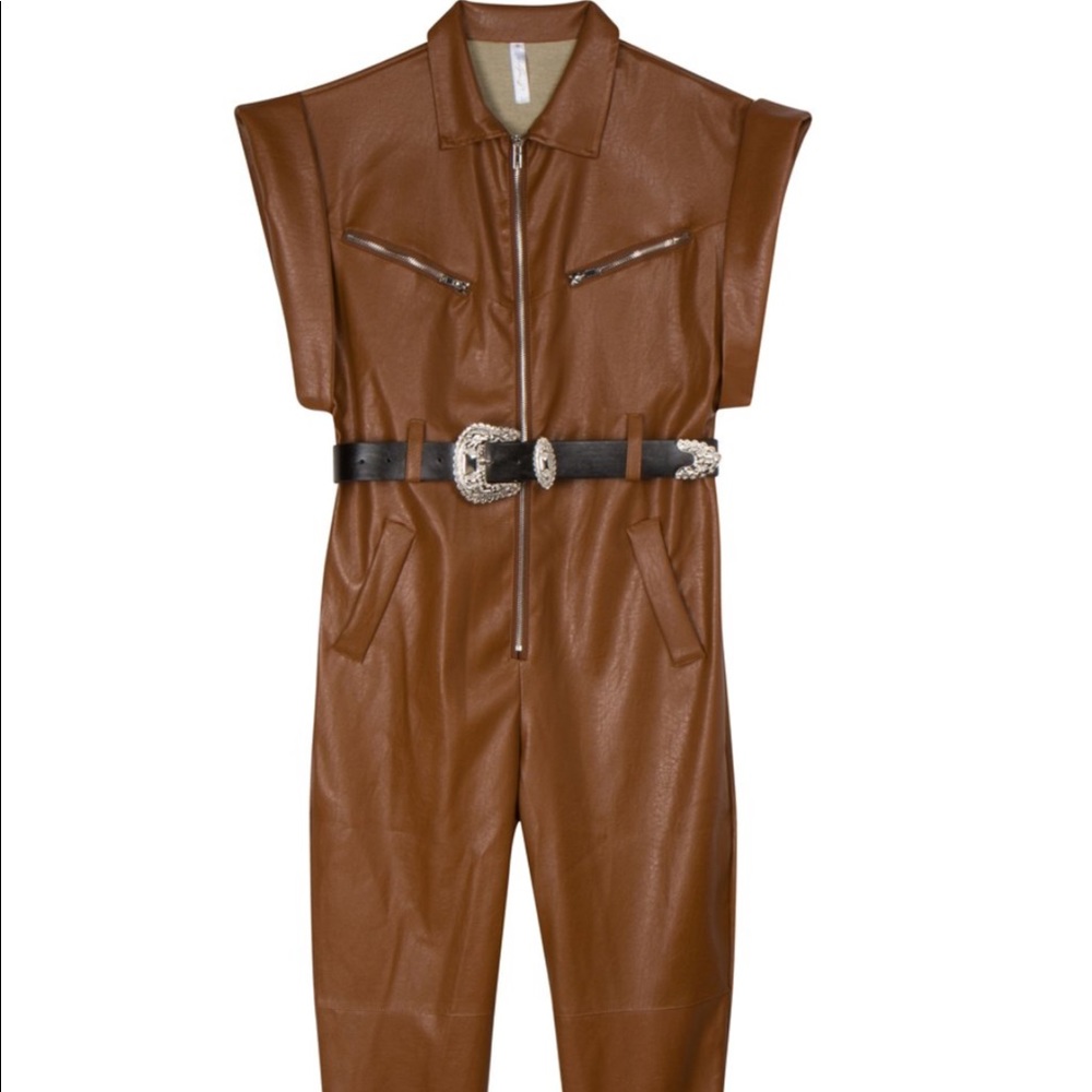 Faux leather belted jumpsuit